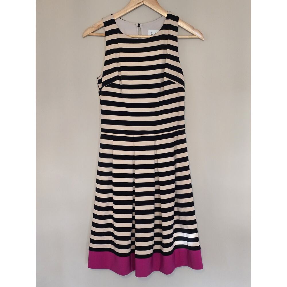 Joseph Ribkoff Striped Fit & Flare Dress Black Cream Pink Hem Size 4 Sleeveless